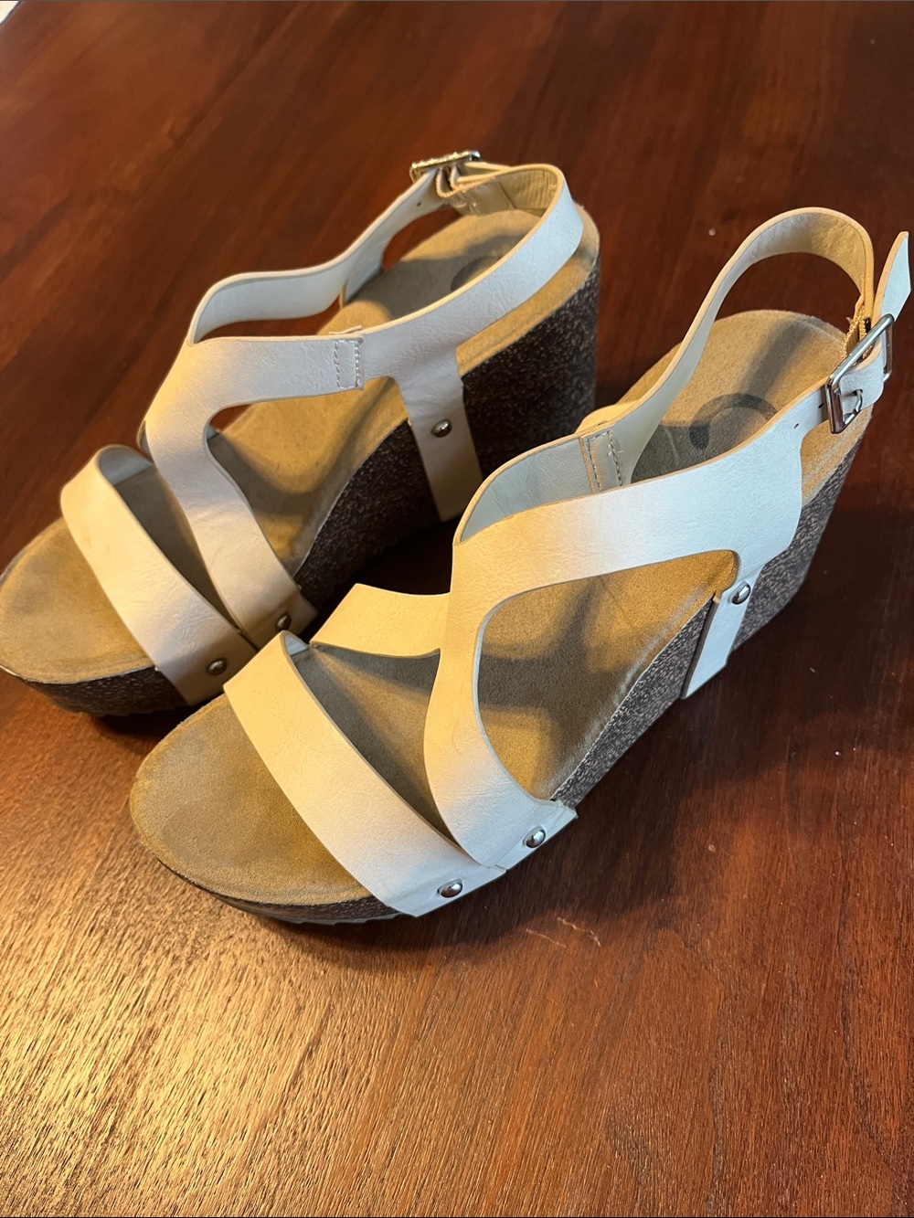 Beige Leather Wedge Sandals with Ankle Strap